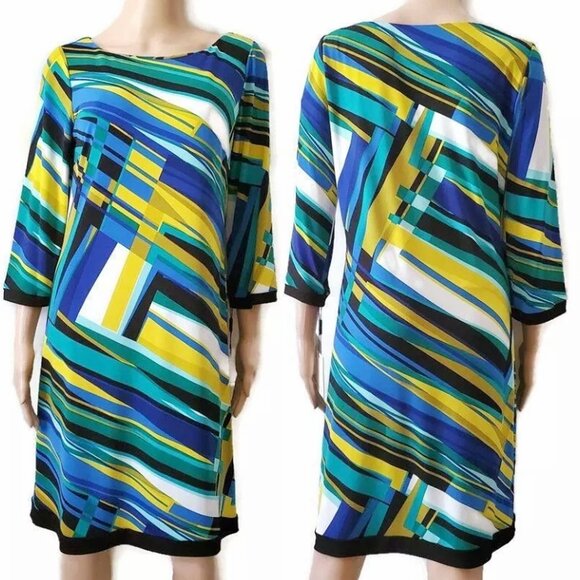 Calvin Klein Women's Blue/Yellow/Green 3/4 Sleeve Geometric Shift Dress Sz 8 NWT - Picture 4 of 14